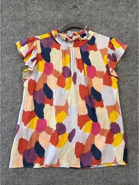 THYML Colorful FLutter Sleeve Blouse Ruffle Mock Neck  Sz Small